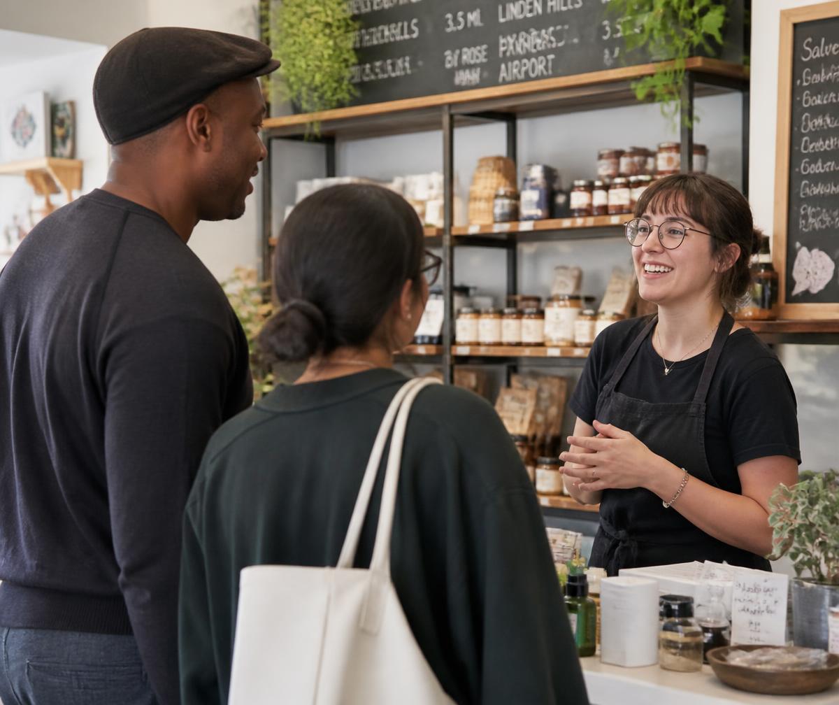 Small business owner talking with customers in an independent shop